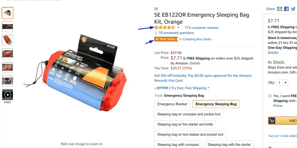 Okay, we've now clicked on that survival tent listing of 700+ reviews because, of course we did!  You see where this is going? Now it's time to buy but what makes us do that?  What makes us convert? Well in this instance, Amazon product reviews significantly increase the conversion rate on a listing.